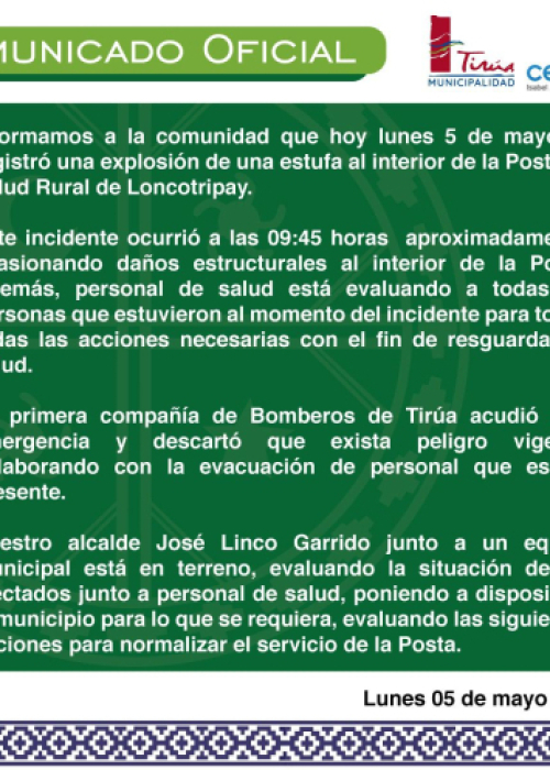 Comunicado respecto a accidente en posta rural de Tírua